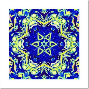 Psychedelic Mandala Flower Blue and Yellow Posters and Art